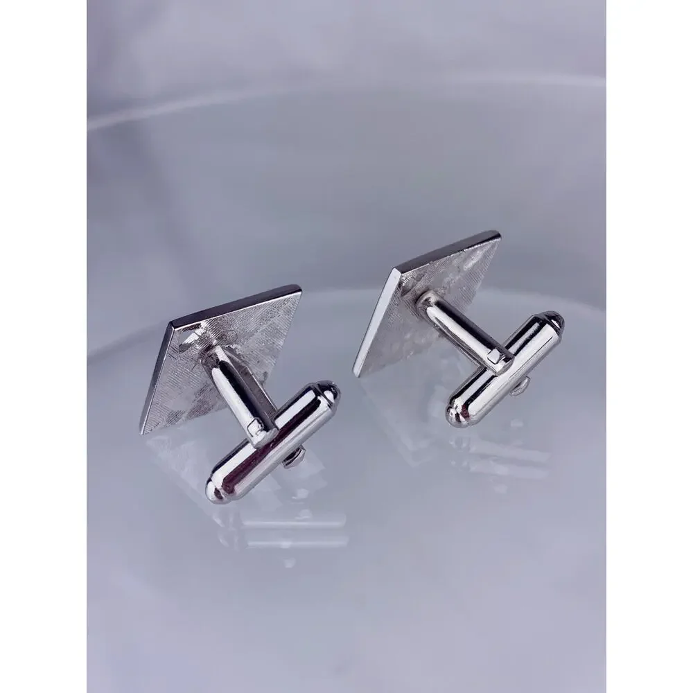 NOS Grey Rhinestone Diamond Silver Tone Cufflinks Tie Pin Shields Vintage O1